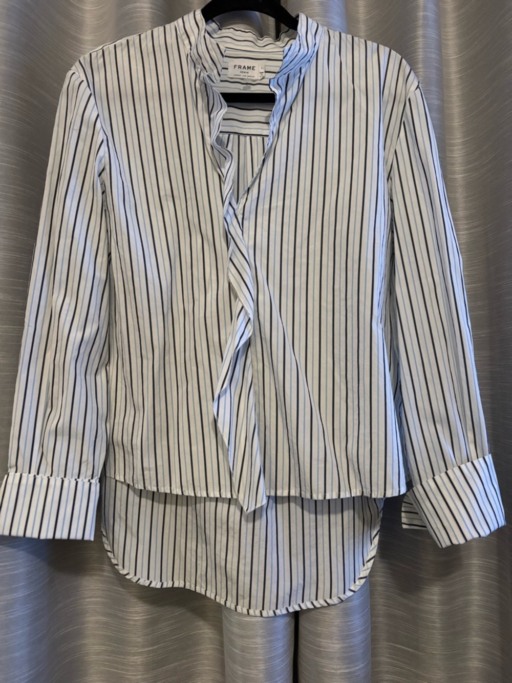 Frame Denim Poplin Cravat White and Blue Stripe Cotton Blouse Shirt Crisp Large